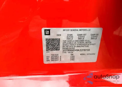 2019 GMC Sierra K1500 from USA, damaged, VIN 1GTR9AEH5KZ278733